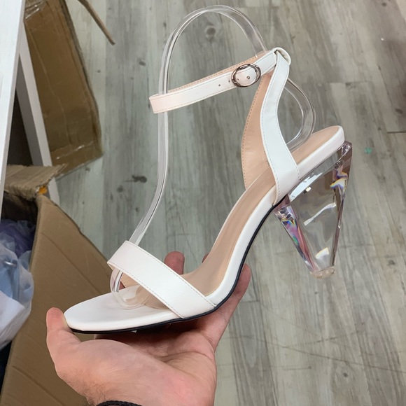 Women Open Toe Sandal Cone Glass Heel in White Faux Leather - Picture 1 of 5